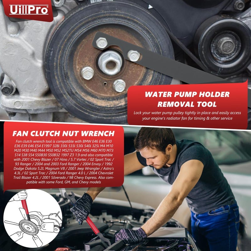 UillPro Fan Clutch Removal Tool kit,32mm Wrench & 36mm Clutch Fan Tool Wrench,Water Pump Pulley Holder Removal Tool for BMW, Ford, GM, Dodge,Chevrolet,Jeep Fan Clutch Removal Tool,Water Pump Holder - Image 2
